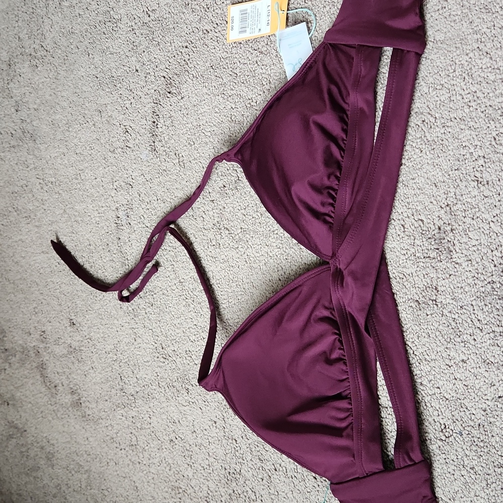 Kona Sol Plum Purple Bikini Top Wrap Front Halter Tie Adjustable Swimwear SIZE L